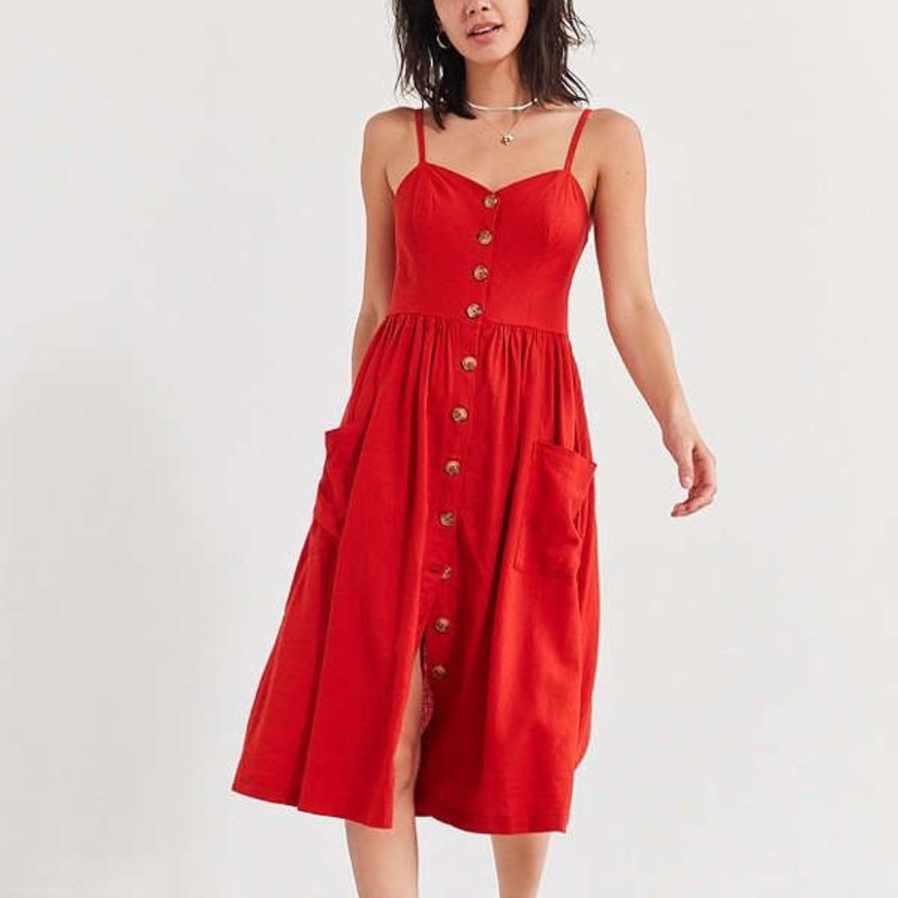 UO Emilia Dress Red Linen Button Down Midi XS